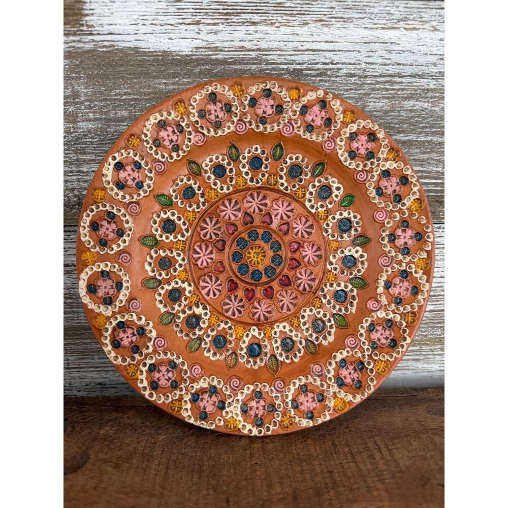Ceramica Marquez Handcrafted Terracotta Pottery Plate Floral Mandala Patterns